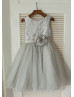 Silver Sequin Gray Tulle Flower Girl Dress With Flower Sash